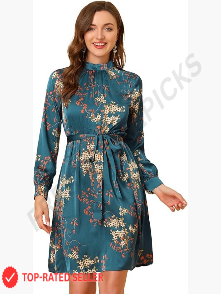 Mock Neck Swing A-Line Floral Dress Long Sleeve Knee Length Chic Elegant